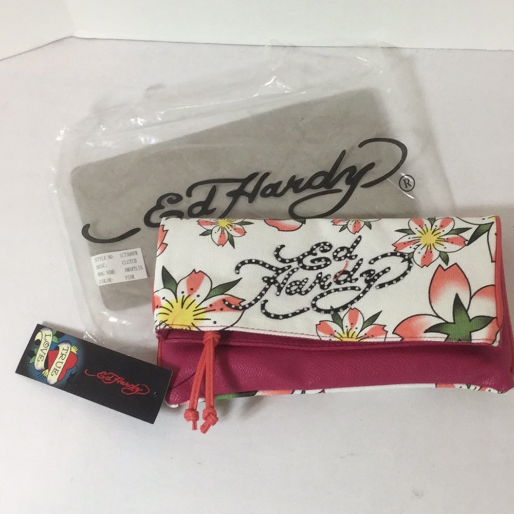 Pink floral print Ed Hardy Clutch Purse